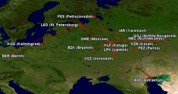 Карта маршрутов Embraer 170 авиакомпании S7 Airlines из Домодедово и Пулково
