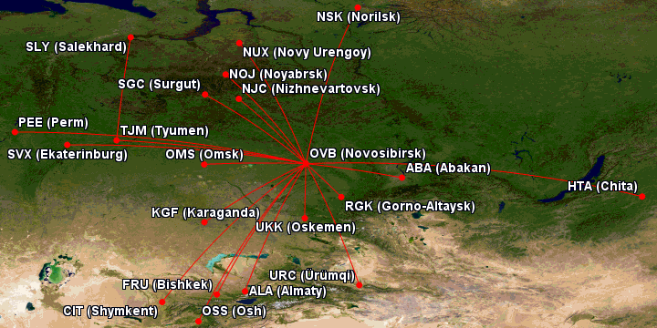 Карта маршрутов Embraer 170 авиакомпании S7 Airlines из Новосибирска (Толмачево)