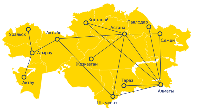 Карта маршрутов авиакомпании Qazaq Air