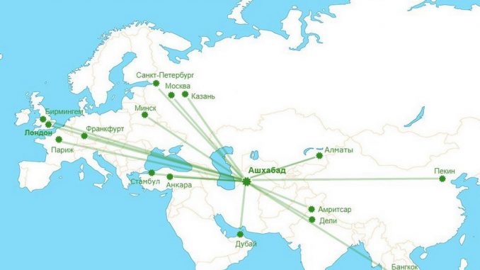 Карта полетов Туркменских авиалиний