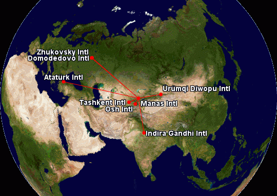 Карта полетов авиакомпании Manas Air