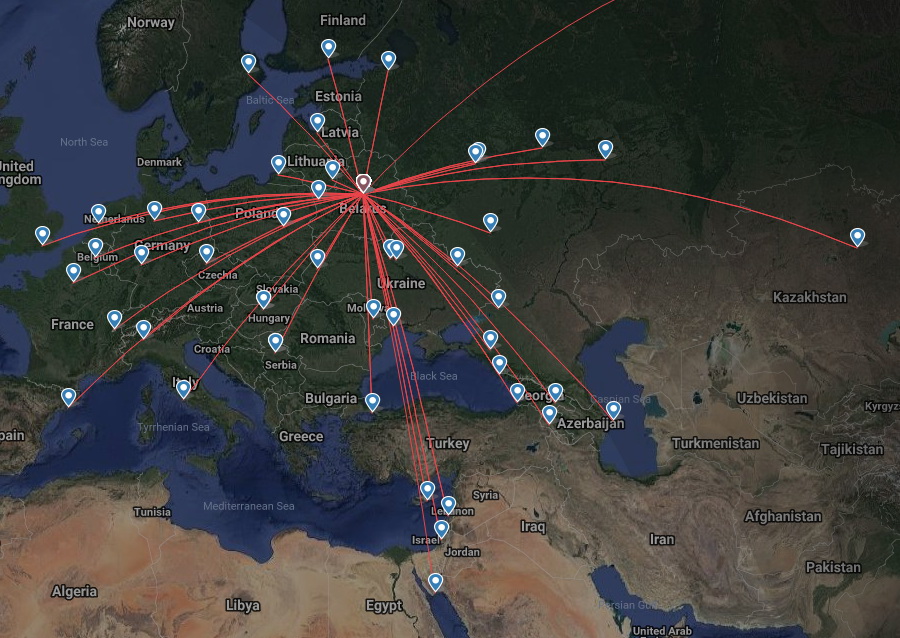 Маршрутная сеть авиакомпании Белавиа из Минска