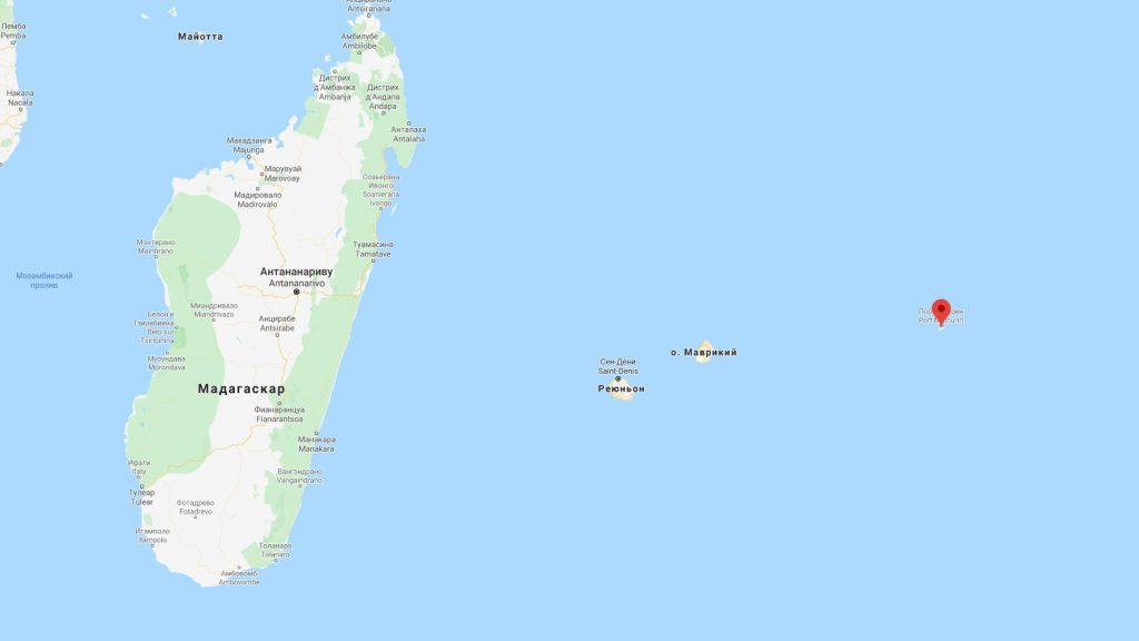 На карте отмечен остров Родригес.
